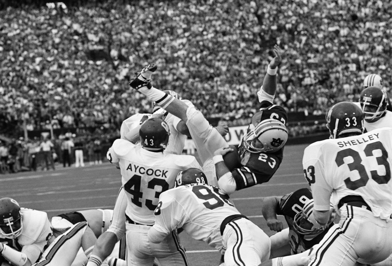 Lucious Selmon helps make a tackle in the 1972 Sugar Bowl. Photo credit: AP